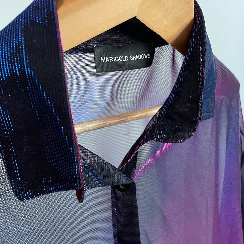 Iridescent Holographic Oversized Button Down Shirt One Size Blue/Purple Mesh